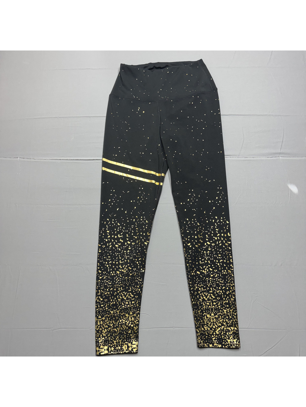 Alexandra Women XL Black Leggings Gold Foil Splatter Metallic Striped Active
